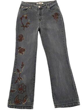 y2k gray mid rise flare bootcut jeans with flower embroidery
